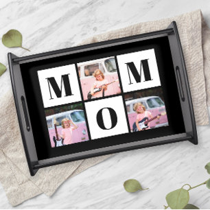 Mom 3 Photo Collage Black and White Serving Tray