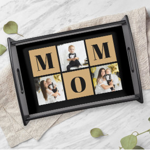 Mom 3 Photo Collage Black Gold Serving Tray