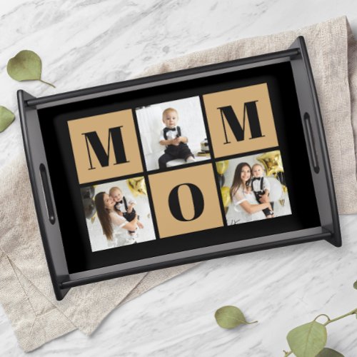 Mom 3 Photo Collage Black Gold Serving Tray