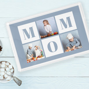 Mom 3 Photo Collage Dusty Blue Acrylic Tray