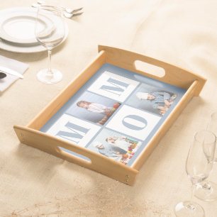 Mom 3 Photo Collage Dusty Blue Serving Tray