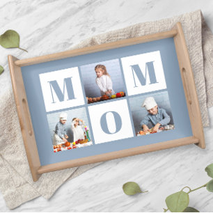 Mom 3 Photo Collage Dusty Blue Serving Tray