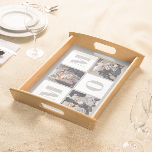 Mom 3 Photo Collage Gray Serving Tray (Front)