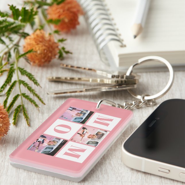 Mom 3 Photo Collage Pink Keychain (Front Right)