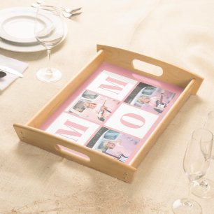 Mom 3 Photo Collage Pink Serving Tray