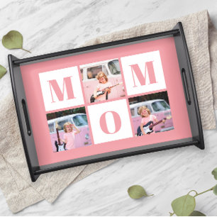 Mom 3 Photo Collage Pink Serving Tray
