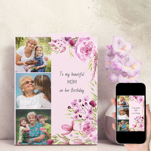 Mom 3 Photo Feminine Pink Floral Birthday Card