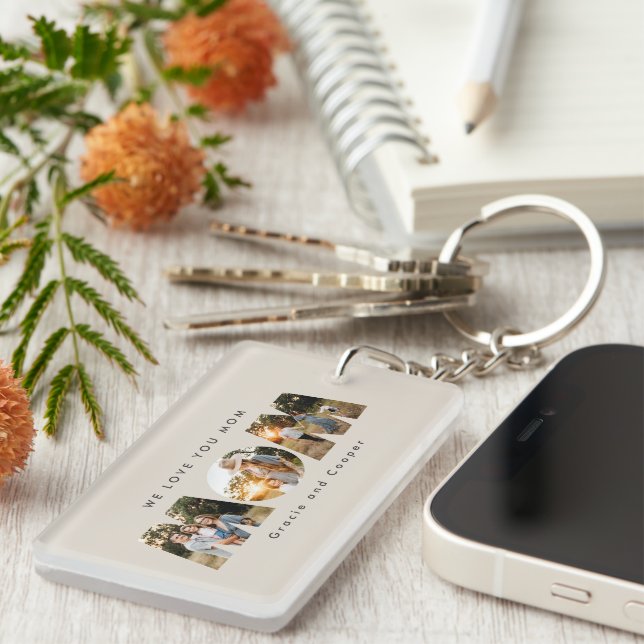 Mom 3 photo modern elegant black white mothers day keychain (Front Right)
