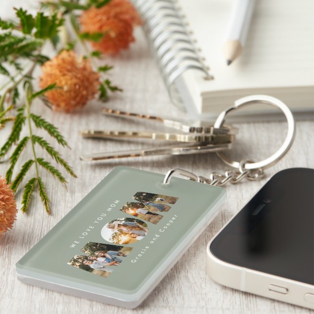 Mom 3 photo modern elegant sage green mothers day keychain (Front Right)
