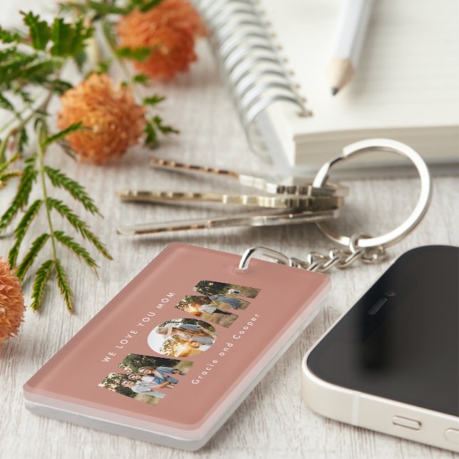 Mom 3 photo modern elegant terracotta mothers day keychain (Front Right)