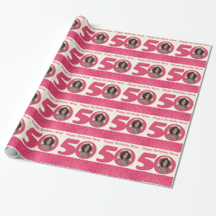 Mom 50th Birthday photo fun cream pink wrapping Paper