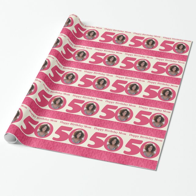 Mom 50th Birthday photo fun cream pink wrapping Wrapping Paper (Unrolled)
