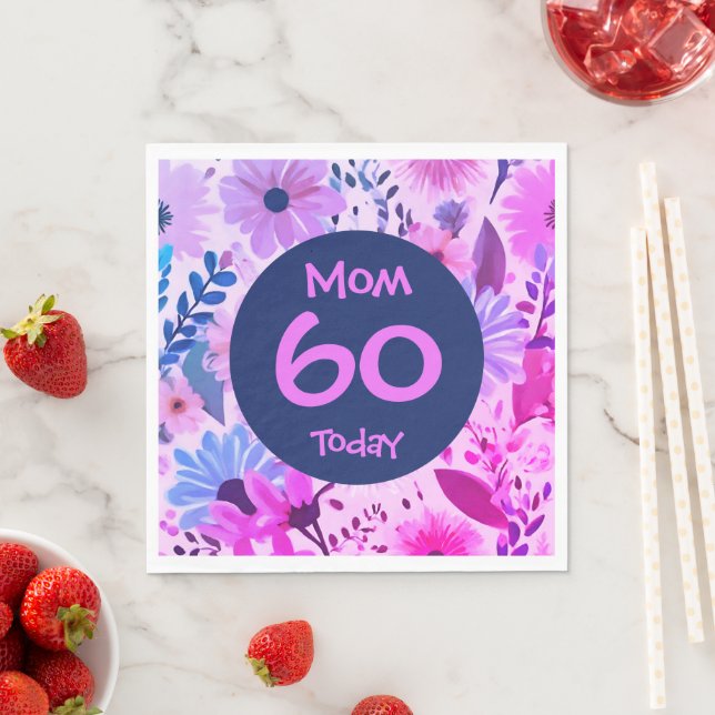 Mom 60 Today Pink And Blue Floral Party Napkins (Insitu)