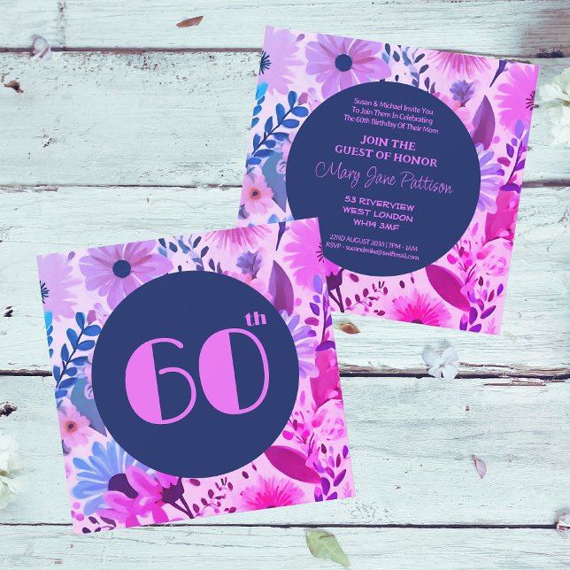 Mom 60th Birthday Pink, Blue And Purple Floral Invitation (Front And Back)