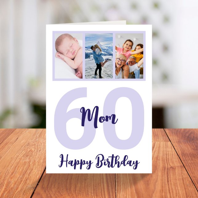 Mom 60th Birthday Purple Script Photo Collage Card (Creator Uploaded)