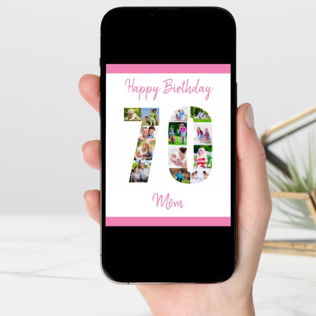 Mom 70th Birthday Number 70 Photo Collage Card (Front Digital)