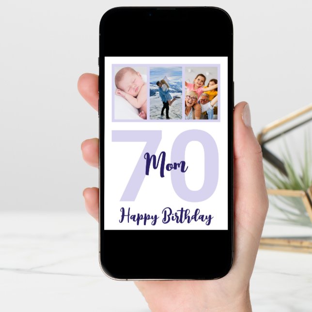 Mom 70th Birthday Purple Script Photo Collage Card (Front Digital)