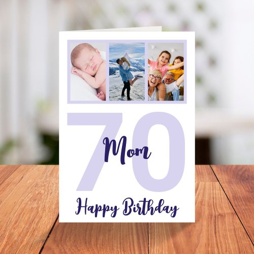 Mom 70th Birthday Purple Script Photo Collage Card