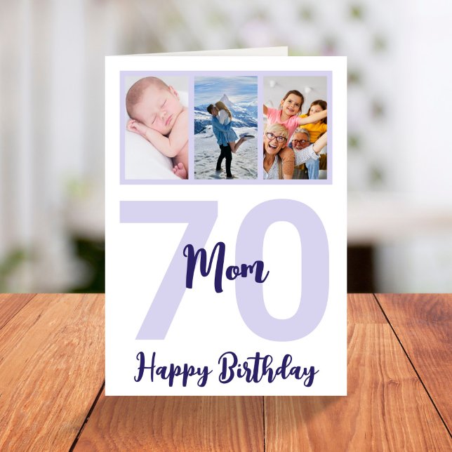 Mom 70th Birthday Purple Script Photo Collage Card (Creator Uploaded)