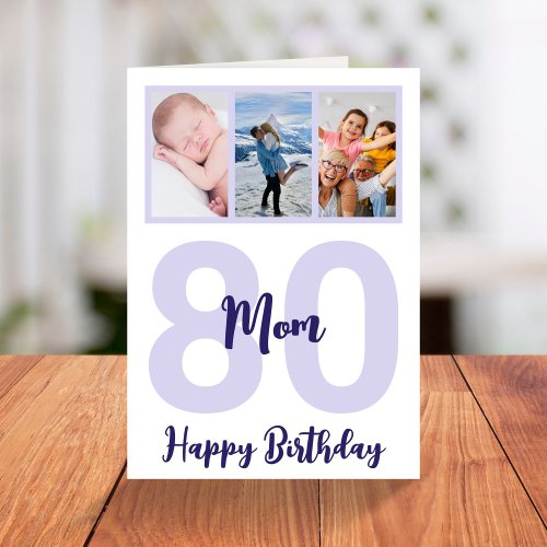 Mom 80th Birthday Purple Script Photo Collage Card