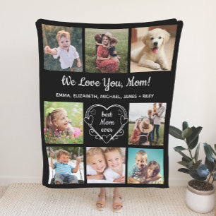 Mom 8 Photo Collage Black Fleece Blanket