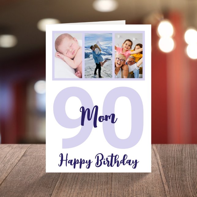 Mom 90th Birthday Purple Script Photo Collage Card (Creator Uploaded)