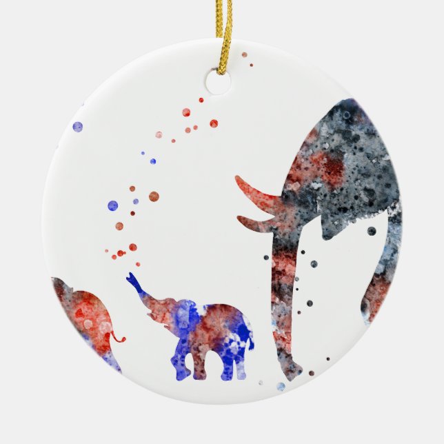 Mom and babies elephant, elephant family ceramic ornament (Front)