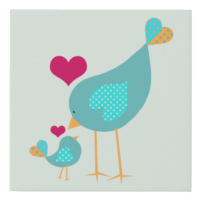 Mom and Baby Bird Love Aqua and Beige Cute Faux Canvas Print (Front)