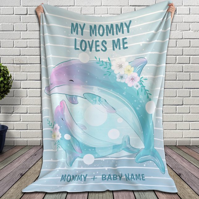 Mom and Baby Dolphins with Flowers Mommy Loves Me Fleece Blanket (Creator Uploaded)