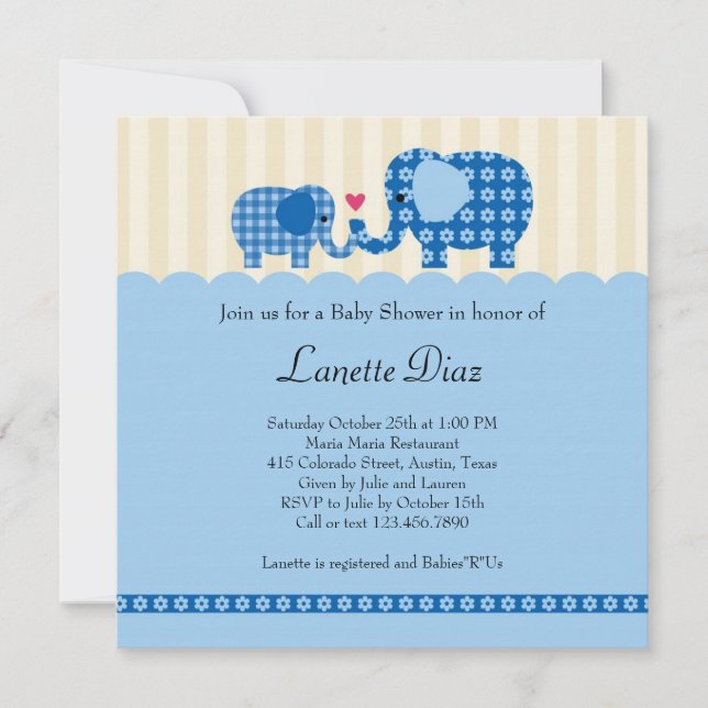 Mom and Baby Elephant Baby Boy Shower Invitation (Front)