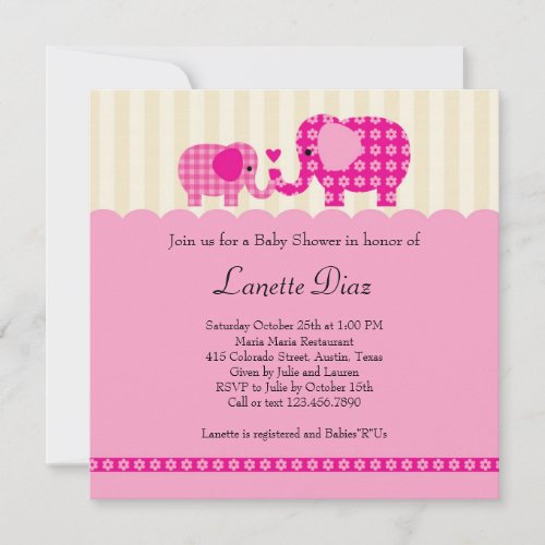 Mom and Baby Elephant Baby Girl Shower Invitation