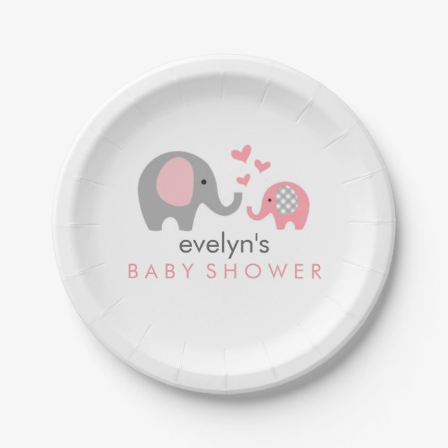 Mom and Baby Elephant Baby Shower Paper Plate Pink (Front)