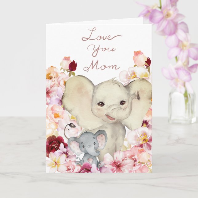 Mom and Baby Elephant Birthday Card (Orchid)