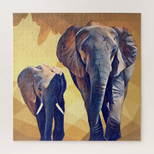 Mom and baby Elephant in the Fall Jigsaw Puzzle