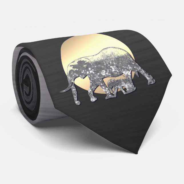 Mom and baby elephant in the setting sun neck tie (Rolled)
