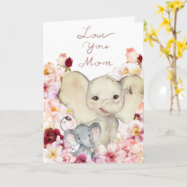 Mom and Baby Elephant Mother's Day Card (Yellow Flower)