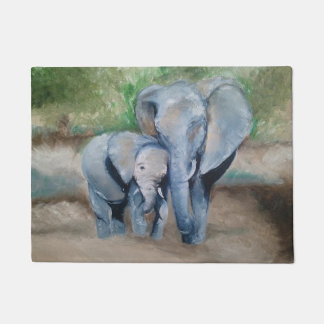 Mom and Baby Elephant Oil Painting Door Mat (Front)