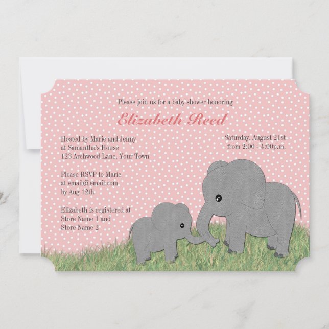 Mom and Baby Elephant Pink Baby Shower Invitation (Front)