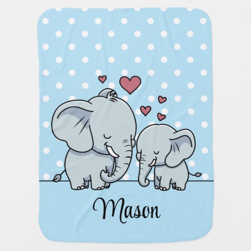Mom And Baby Elephants Personalized Blue Baby Blanket