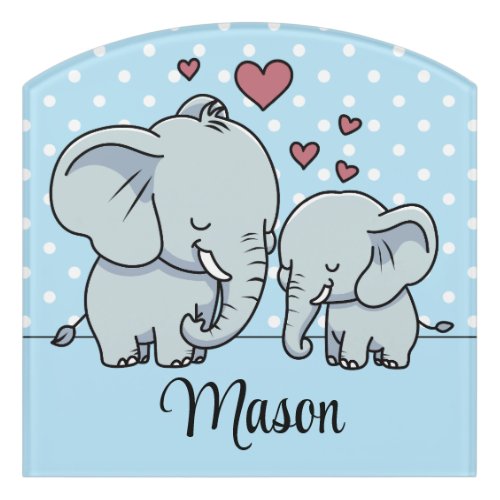 Mom And Baby Elephants Personalized Blue Door Sign