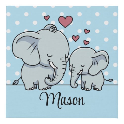 Mom And Baby Elephants Personalized Blue Faux Canvas Print