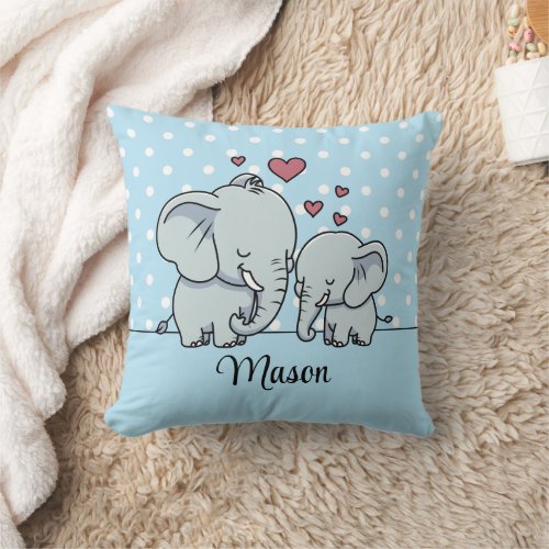 Mom And Baby Elephants Personalized Blue Throw Pillow