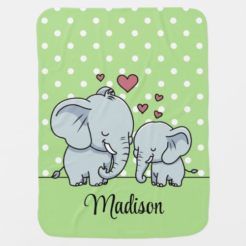Mom And Baby Elephants Personalized Green Baby Blanket
