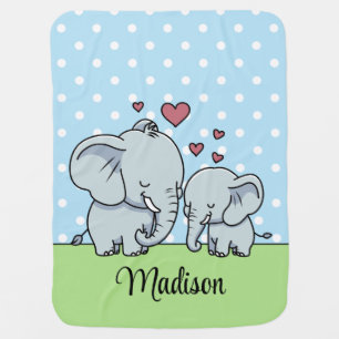 Mom And Baby Elephants Personalized Green Blue Baby Blanket