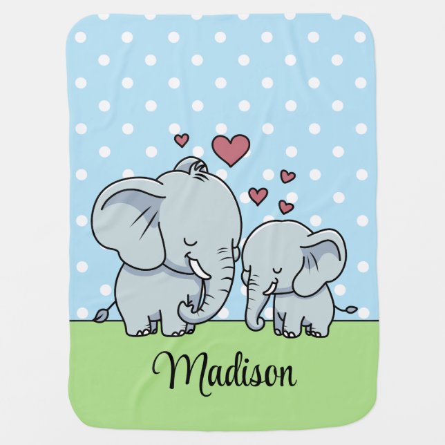 Mom And Baby Elephants Personalized Green Blue Baby Blanket (Front)
