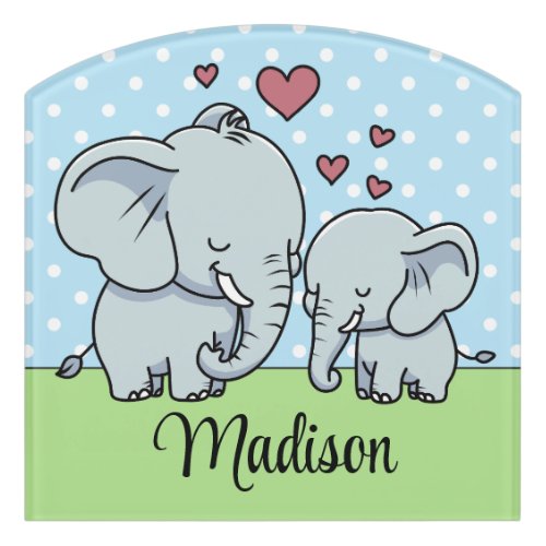 Mom And Baby Elephants Personalized Green Blue  Door Sign