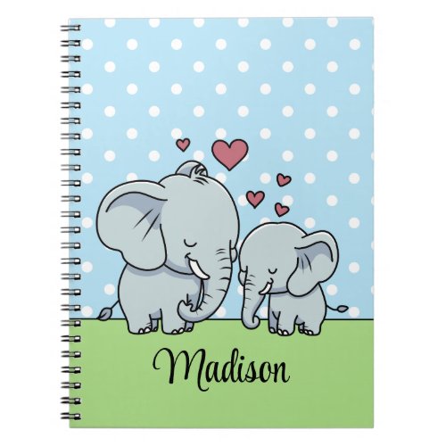 Mom And Baby Elephants Personalized Green Blue Notebook