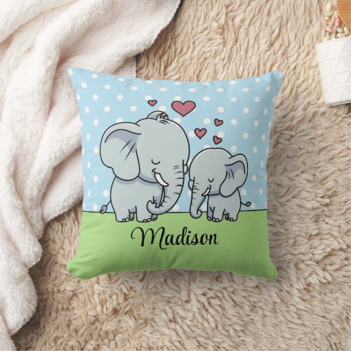 Mom And Baby Elephants Personalized Green Blue Throw Pillow