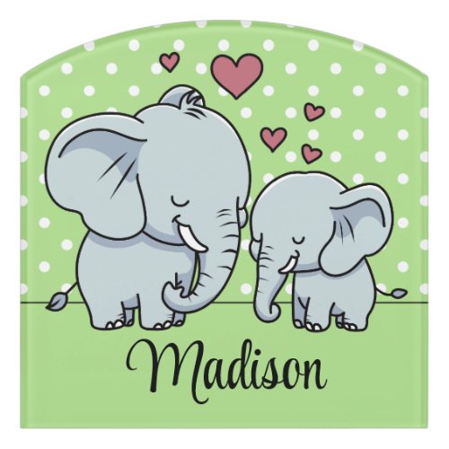 Mom And Baby Elephants Personalized Green  Door Sign