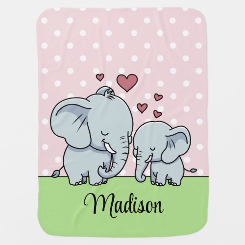 Mom And Baby Elephants Personalized Green Pink Baby Blanket